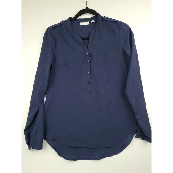 New York & Company Tops - New York & Company Womens XS Navy Blue Split Neck Long Sleeve Blouse Epaulettes